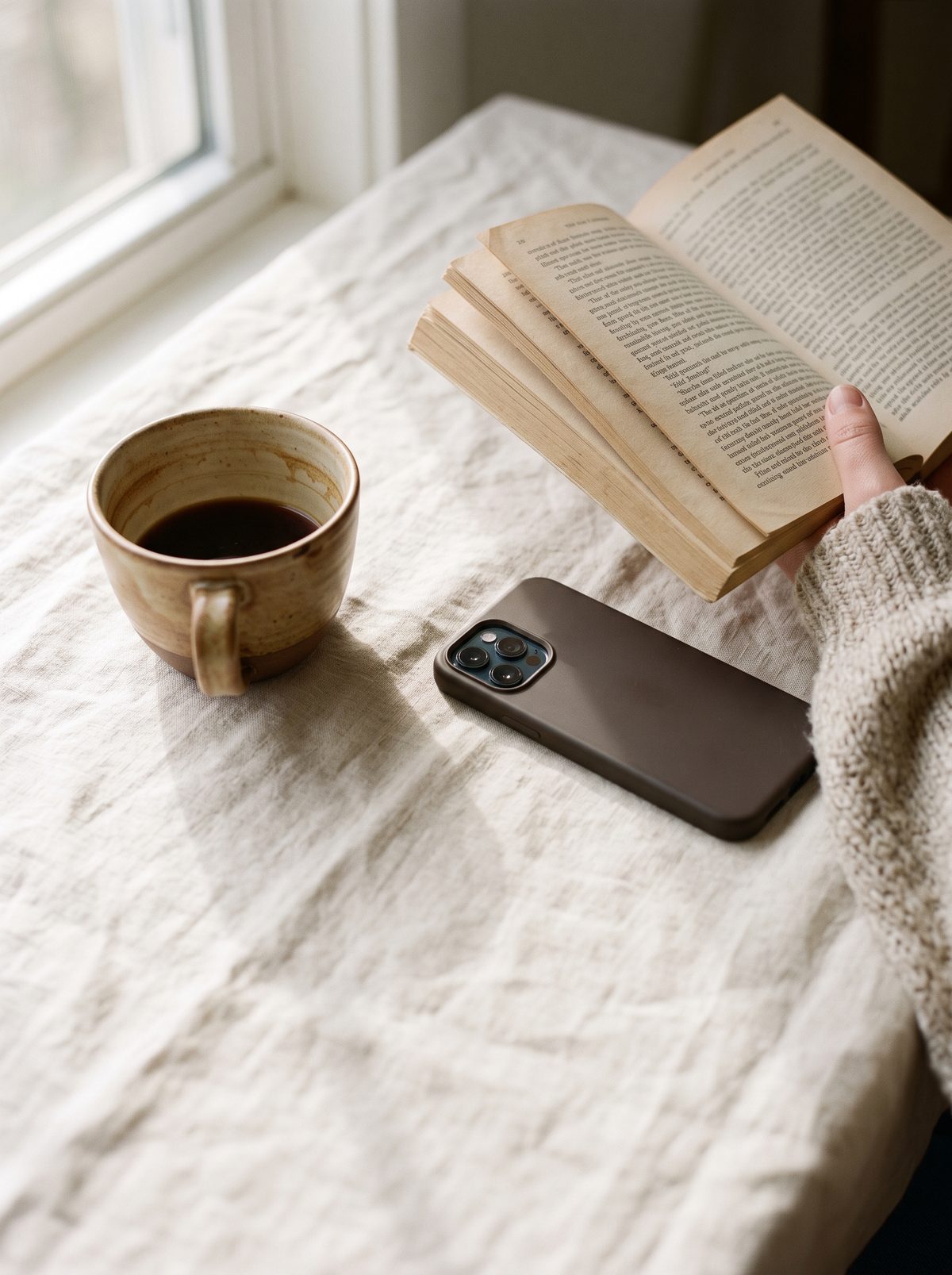 A phone lying face-down beside a coffee cup and an open book